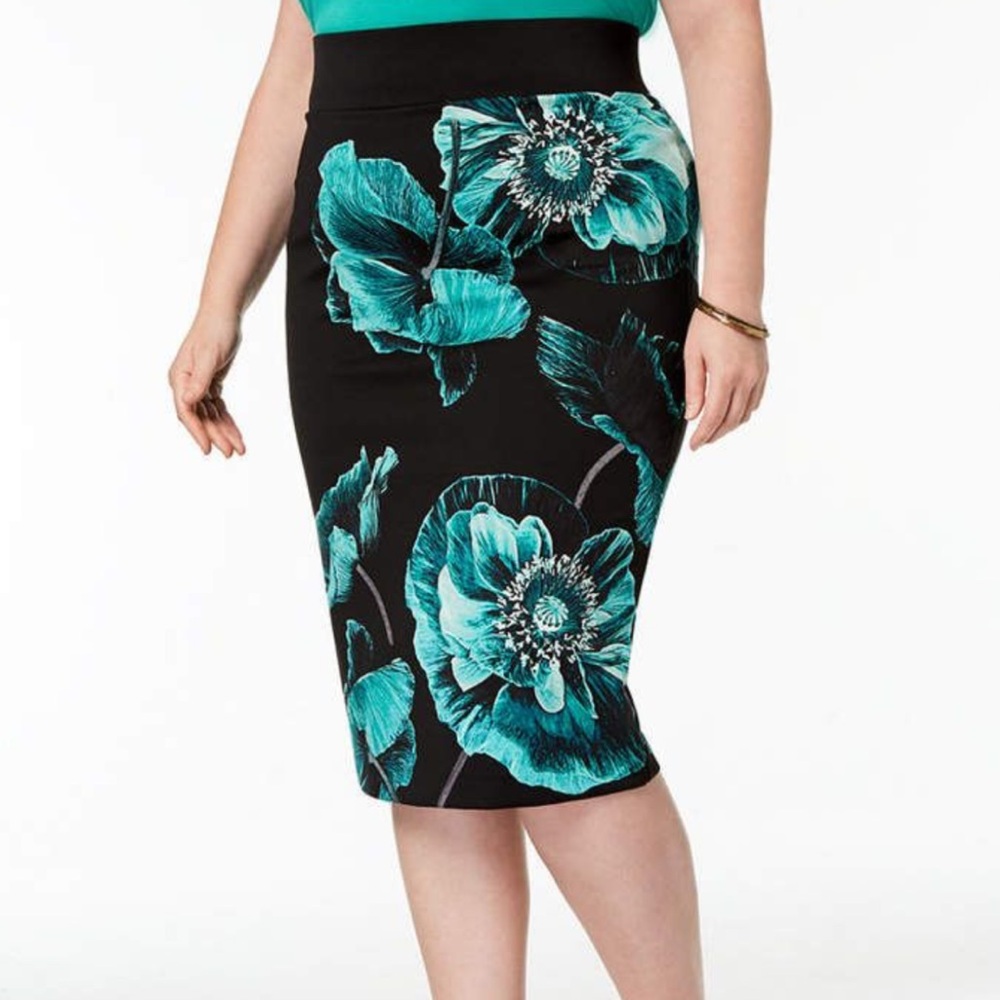 Alfani Black Floral Teal A-Line Midi Skirt